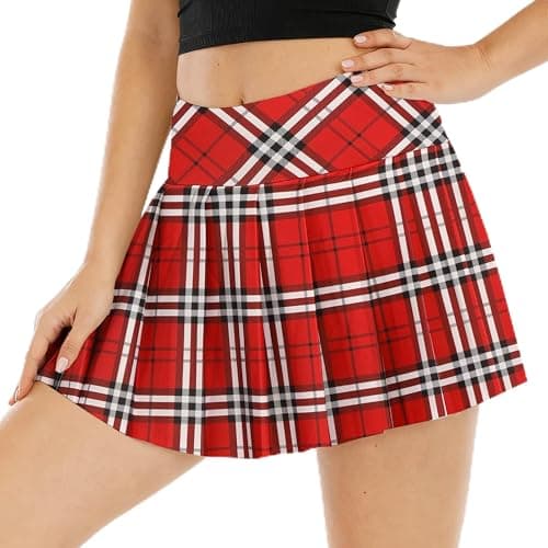SANGTREE Tennis Skirts for Women High Waisted Plaid Pleated Quick Dry Athletic Golf Skorts with Shorts Pockets, Plaid Red, X-Large