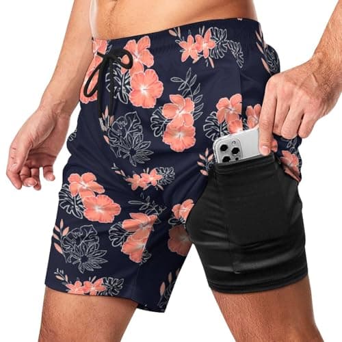 Cerburny Mens Swim Trunks with Compression Liner Men Beach Shorts Bathing Suit Quick Dry Printed Navy Blue Pink Flower Swimming Short with Pockets