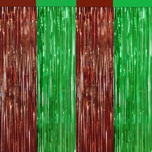 4 Packs Football Foil Fringe Curtain, Brown Green Glitter Metallic Tinsel Backdrop for Birthday, Baby Shower, Super Bowl, Football Game Day Party Decorations Supplies