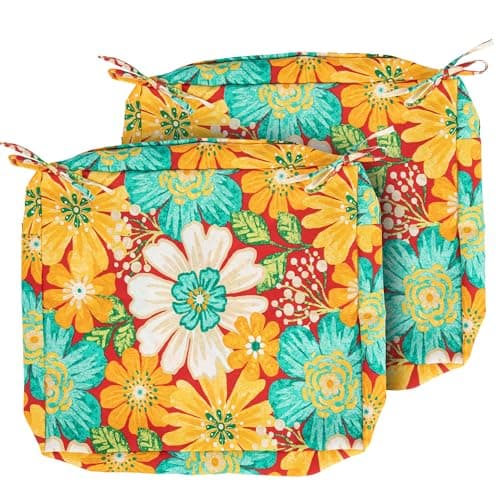 Magpie Fabrics Indoor Outdoor Cushion Cover Replacement 2 Pack, NO Insert! Water Repellent Slipcover with Ties Decor for Patio Garden Chair Sofa Bench Wicker(Embry Red Hibiscus, 24x24x4 Inch)