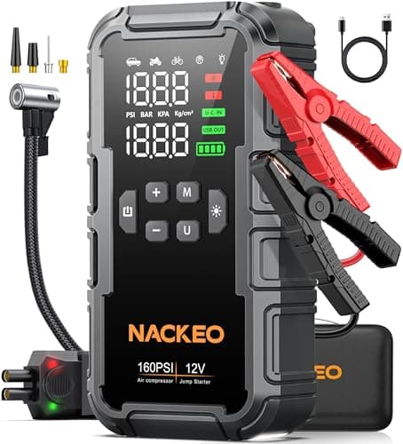 8000A Car Battery Jump Starter with Air Compressor 160PSI, Car Jumper Starter Portable (All Gas 12L Diesel), 12V Jump Box Car Battery with 600LM Light, Jumper Cables, Large LCD Display