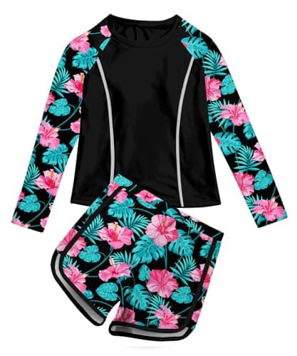 Vogseek Bathing Suit Girls Size 8-9 Rashguard Swimsuits for Girl Hawaiian Black Flower Swimming Shorts Matching Sun Protection Long Sleeve Swim Shirt Set Girl's Beach Quick Dry Tankini Swimwear