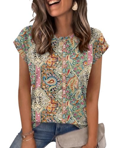 LOMON Boho Tops for Women Short Sleeve Tee Womens Blouses Dressy Casual Crew Neck Summer Tops Vacation Outfits Fashion Clothing