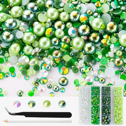 Meibite Cyan Green Flat Back Pearls and Rhinestones Kit 4298PCS, Mixed Size 3-8mm Resin Rhinestones for Crafts, Nail Art, Tumbler, Phone Case, DIY Decoration Starter Kit with Tools