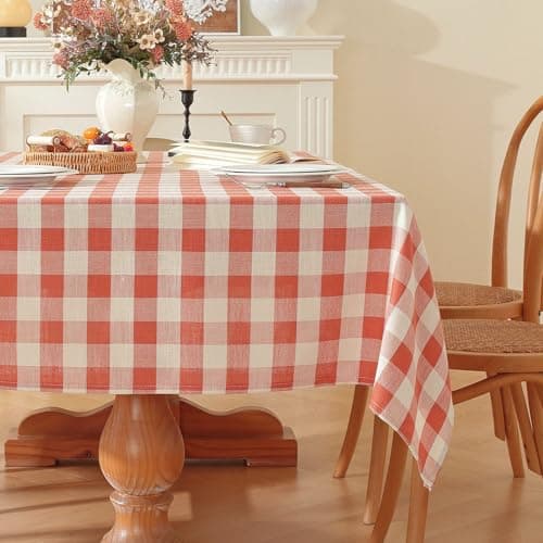 gillhov Checkered Tablecloth Rectangle Gingham Table Cloth Washable Cotton Linen Fall Thanksgiving Buffalo Plaid Table Cover for Picnic Kitchen Dining Room, Orange and White, 55 * 120 inch