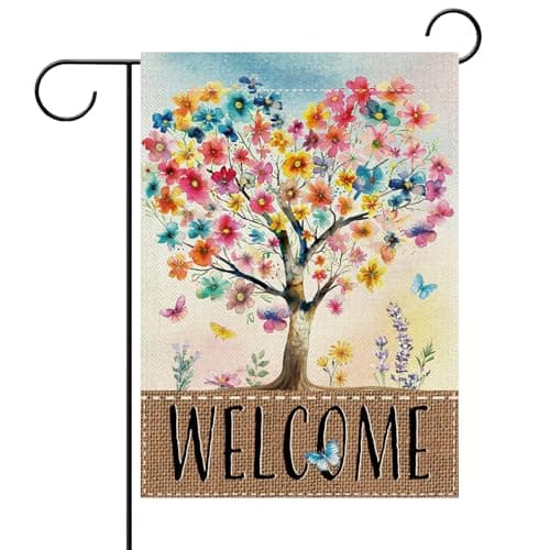Terkki Welcome Spring Summer Floral Tree Decorative Garden Flag, Watercolor Love Heart Flower Butterfly Small Yard Outside Decorations, Farmhouse Rustic Burlap Outdoor Home Decor Double Sided 12 x 18