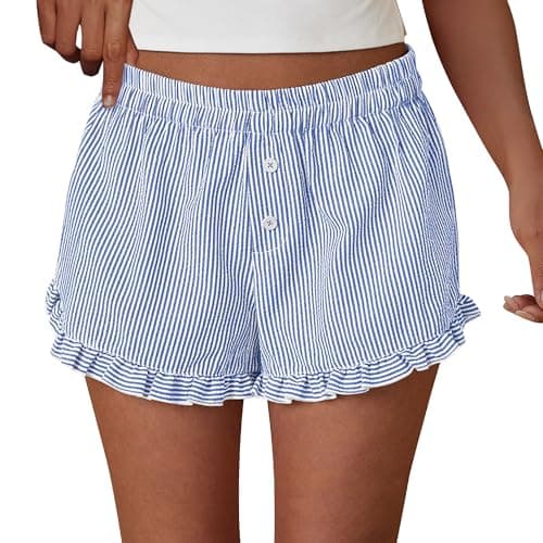 PRETTYGARDEN Womens Boxer Shorts Y2K Ruffle Pajama 2026 Summer Spring Lounge Sleep Striped Casual Beach Pj Bottoms Pockets (Stripe Blue,Medium)