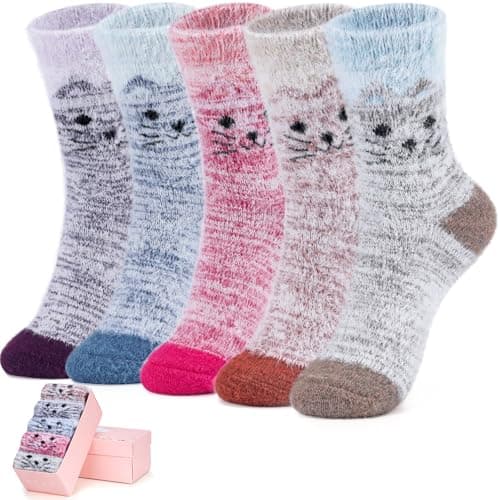 ICEIVY 5 Pack Women Thick Soft Warm Fuzzy Socks Winter Wool Fluffy Cozy Casual Home Sleep Socks with Gifts Box (Multicolor-CAT HEAD)