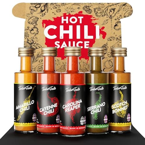 TIMBER TASTE® Hot Sauce Color Sampler Set - 5 Gourmet Chili Condiments Cayenne Scotch Bonnet Serrano Amarillo Reaper | Hot Variety Pack Mini Bottles Spicy Pack - Birthday Gift for Him Her Foodie