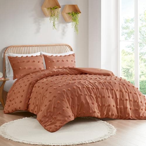 Intelligent Design Twin Comforter Set, Clipped Jacquard Comforter Set Chic Pompoms Accent, All Seasons Lightweight & Fluffy Comforter Bed Set with 1 Sham, Lucy, Twin/Twin XL Rust 2 Piece