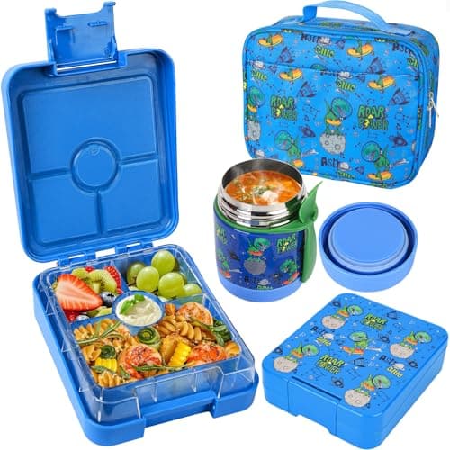Pawtong Bento Lunch Box Set With 10oz Soup Thermo, Leak-proof Lunch Containers with 4 Compartment, Kids Hot Thermo Food Jar/Insulation Lunch Bag, Food Containers for School(Dinosaur)