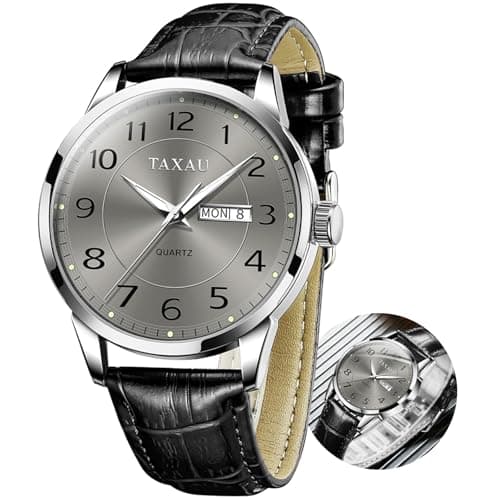 Taxau Watches for Men Black Leather Band Classic Adjustable Waterproof Watch Casual Men's Dress Watch Big Face Analog Quartz Wrist Watches Easy Read with Date Luminous