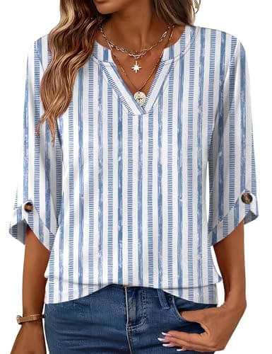 Kistore 3/4 Length Sleeve Tops for Teachers Womens Business Casual Blouses Tunics to Wear With Leggings Blue White Stripes M