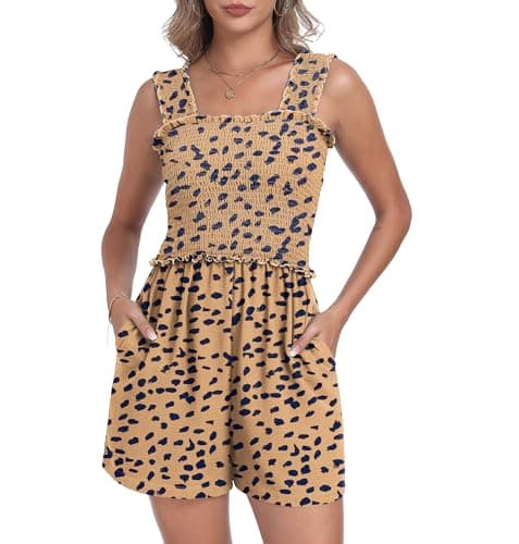 QIXING Womens Rompers for Summer Short Overalls for Women Casual Loose Fit Wide Leg One Piece Sleeveless Jumpsuit Printed Short Pant Rompers Vacation Clothes with Pockets FP-Ld Apricot-2XL