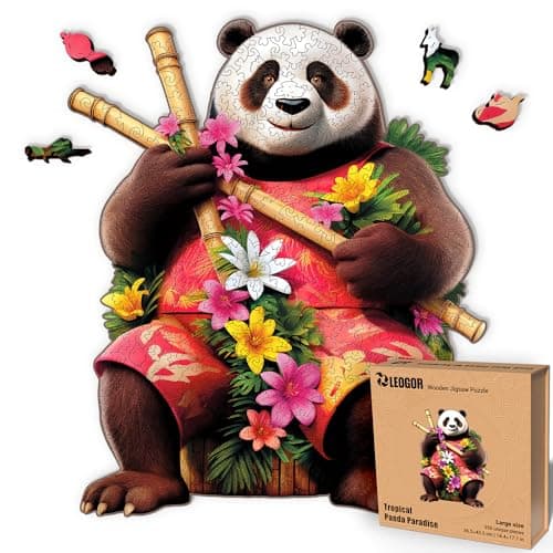 LEOGOR Wooden Jigsaw Puzzles for Adults 350 Pieces (14.4 × 17.1 in), Panda Puzzle, Extra-Thick 5mm Wood, Colorful Mosaic with Animal Shapes, Challenging & Relaxing Gift for Adults, Teens & Families