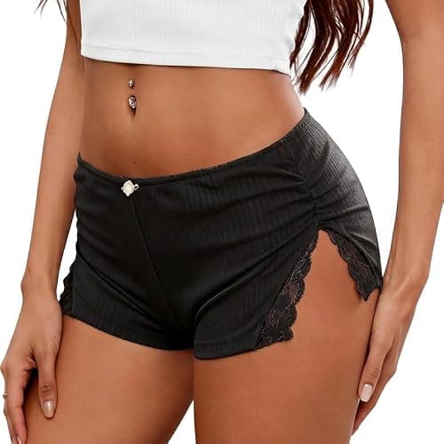 Marvmys Women's Sexy Black Booty Shorts Low Rise Lace Cheeky Shorts for Women Fitted Lounge Mini Shorts Black S
