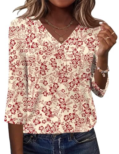 AKEWEI Tops for Women Trendy 3/4 Length Sleeve Womens Tops Dressy Casual V Neck Blouses Loose Fit Basic Tee Shirts Blouses