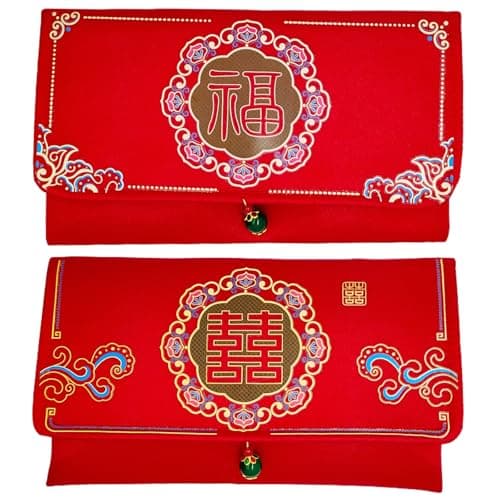 Red Envelopes Chinese Money Envelope for Wedding, New Year, Spring Festival, Fabric Dragon Phoenix Design, 7.3 x 4.5 Inches, Wedding Money Gift Holder, 2 Pack