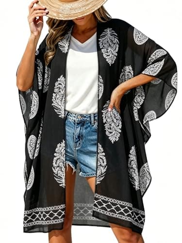 Kimonos for Women Beach Cover Ups for Summer Loose Cardigans Casual Resorts Swimwear (Black White Arrangement,S)