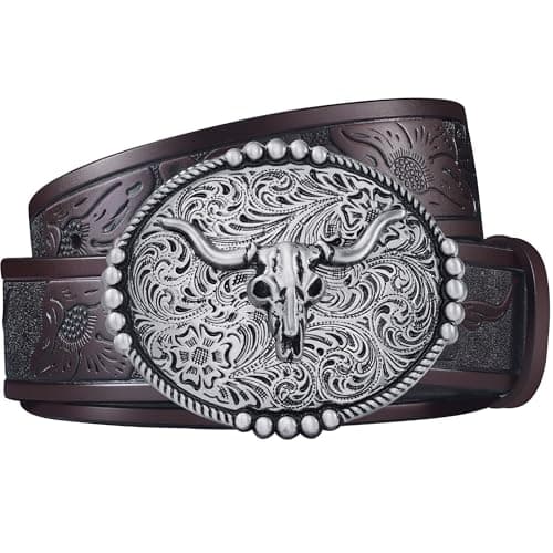 FIORETTO Western Cowboy Belts for Men Women Cowgirl Leather Belt Big Buckle Bull Belt for Jeans Coffee