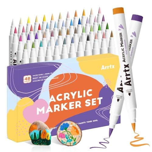 Arrtx 48 Colors Acrylic Marker, for Rock Painting, Extra Brush Tip Markers Paint Pens, Art Supplies, Fabric Paint, Art Markers, Waterproof Paint DIY Crafts Making& 48E