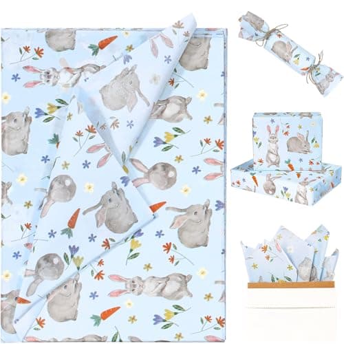 RUSPEPA Easter Bunny Tissue Paper, Cute Rabbits, Carrots and Flowers Design, Blue Spring Gift Wrapping Tissue Paper for Kids Easter Gift Bags, Packaging, Art Crafts, Baby Shower, Birthday, 25 Sheets