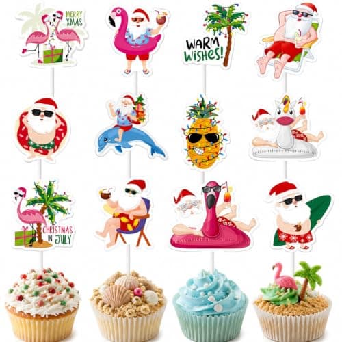 48Pcs Christmas in July Cupcake Toppers Christmas Party in July Decorations