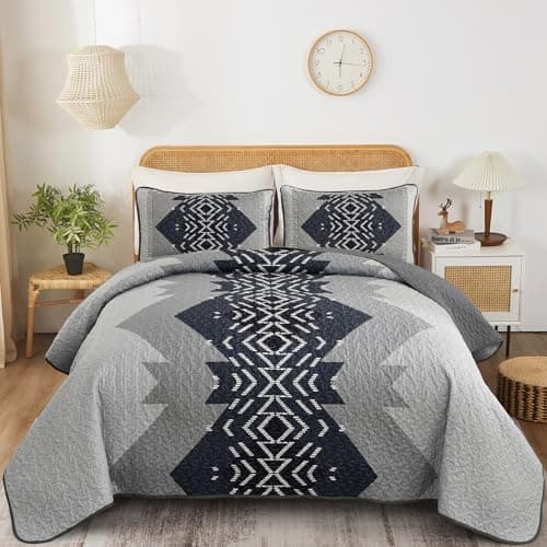 Dintszyayue Queen Size Quilt Set,3 Pieces Boho Bedspread Aztec Texture Quikted Coverlet Set Navy Blue Bedding Sets Geometric Pattern Microfiber Bed Cover for All Season(Navy,90"x96")