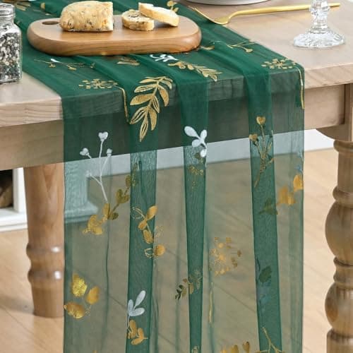 Artoid Mode Gold Floral Leaves Gauze Table Runner 10FT, Glitter Metallic Foil Sheer Dining Wedding Anniversary Birthday Table Decor for Home Party,Green