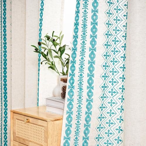 Teal Curtains 84 Inch Length Blue Boho Curtains 2 Panels for Bedroom Turquoise Farmhouse Geometric Embroidered Drapes for Living Room Bohemian Linen Blend Light Filtering Grommet Drapes Teal on Ivory