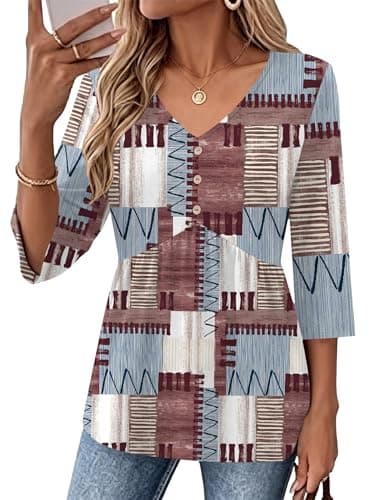 AKEWEI Womens Babydoll Tops Trendy 2026 Spring Fashion Holiday Outfits Basic V Neck Flowy Peplum Tops for Women Brown Plaid Shirts S