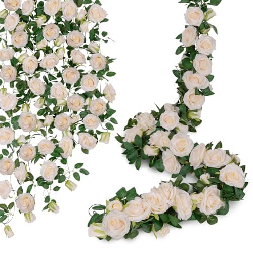 U'Artlines 3 Pack Artificial Champagne Rose Vines Floral Garlands Total 19.5 Ft Fake Vine Silk Flower Garland for Indoor Outdoor Home Wedding Arch Garden Wall Decoration