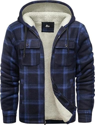 ZITY Men's Flannel Hooded Jacket Fleece Sherpa Lined Plaid Shirts Jackets Zip Up Sweatshirt Hoodies for Men with 4 Pockets Navy Large