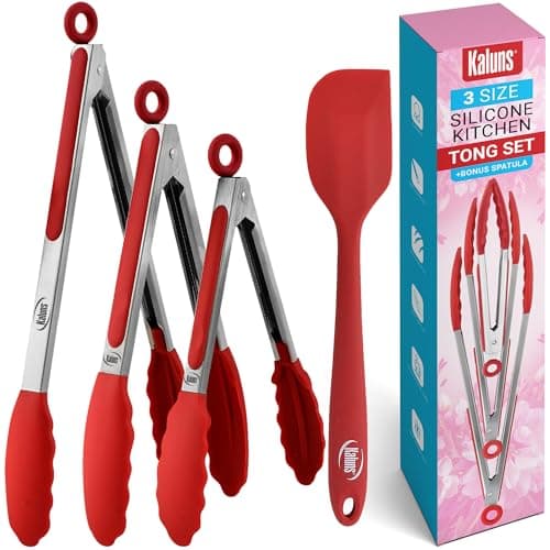 Kaluns Kitchen Tongs for Cooking Grilling Set of 4, BBQ Grill Tongs With Silicone Tip Stainless Steel Heat Resistant, Non-stick Pull Lock, Incl 7, 9, 12 Inch Tong Plus a Silicone Spatula