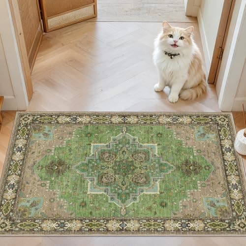 AMADA HOMEFURNISHING 2x3 Washable Entry Rug, Vintage Distress Print Pattern Carpet Small Rugs for Entryway Kitchen Bathroom Door Mat Indoor Entrance, Green