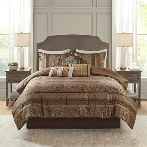Madison Park Bellagio Cozy Comforter Set - Luxurious Jaquard Traditional Damask Design, All Season Down Alternative Bedding with Matching Shams, Decorative Pillow, Queen(90"x90"), Brown/Gold 7 Piece