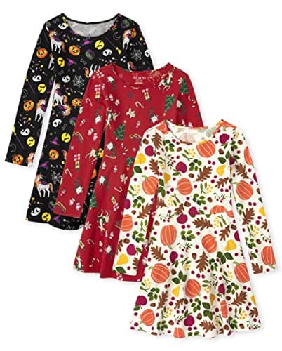 The Children's Place,Long Sleeve Fashion Skater Dress,3 Pack,Halloween/Thanksgiving/Christmas,Large (10/12)