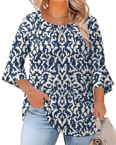 Rapbin Plus Size Tops for Women 3/4 Ruffle Sleeve Crew Neck Button Pleated Blouses Floral Tunic (Navy Blue Flower, XXL)