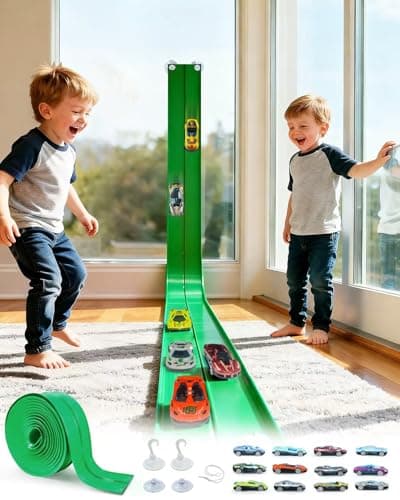 FITNOVO Flexible Race Track for Kids – 15 Ft Roll-Up Car Track with Suction Cups, Fits 1:64 Diecast Cars, Portable Bendable Track Toys for Boys Girls Ages 3+, Green