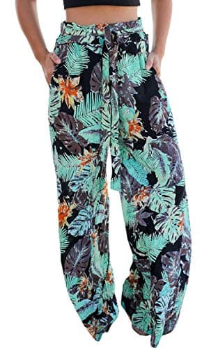 ECOWISH Wide Leg Pants for Women Summer 2024 Palazzo Tropical Floral Belted Casual Lightweight High Waist Flared Trousers with Pockets Black Small
