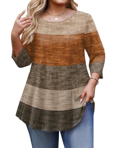 IN'VOLAND Plus Size Boho Tops for Women 3/4 Sleeve Fall Shirt Casual Dressy Blouse Loose Fit Fashion Outfits Brown