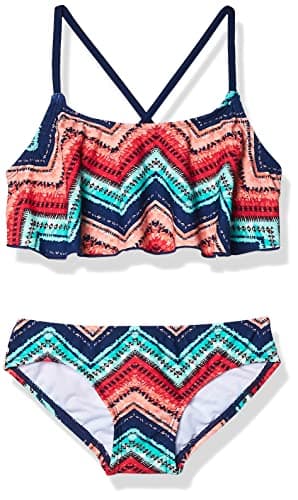 Kanu Surf Big Girl's Karlie Flounce Bikini Beach Sport 2-Piece Swimsuit, Kirsten Coral Chevron, 10