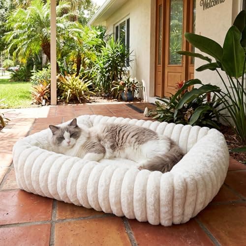 Square Cat Bed Orthopedic Pet Bed with Pillow Super Soft Rabbit Fur Small Dog Beds, Calming Plush Kitten Bed with Removable Washable Cover & Anti-Slip Bottom cat beds for Indoor Cats self Warming