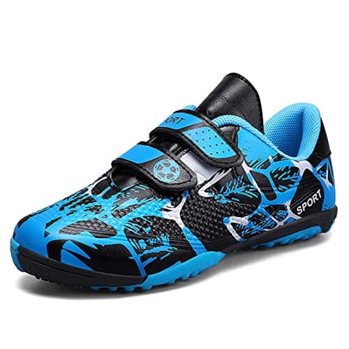 FUQIAO Kids Firm Ground Soccer Cleats for Boys Girls Outdoor Athletic Turf Shoes Indoor Football Trainning Sneakers, Blue, 3 Big Kid