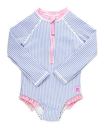 RuffleButts Girls Periwinkle Blue Seersucker Long Sleeve One Piece Rash Guard - 3T