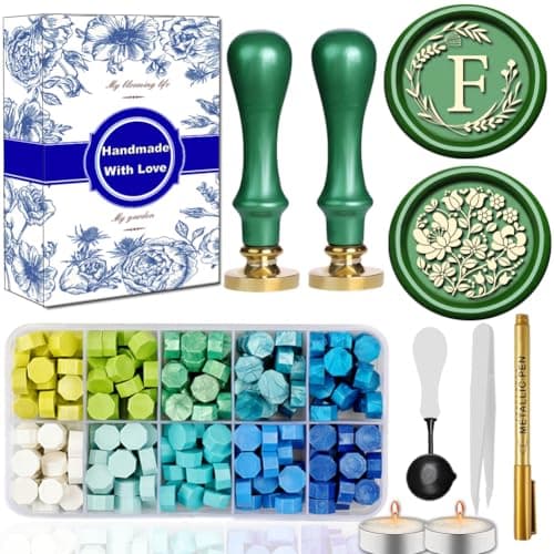 WUERLIN Elegant Initial F Wax Seal Kit,2pcs Exquisite Brass Stamp Heads with Eucalyptus & Flower Designs Ideal for Wedding Invitations Gift Wraps Envelopes and Christmas Cards (Alphabet F Kit)