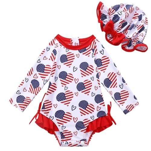 AMAWMW Infant Baby Girl Swimsuit Long Sleeve One-Piece Swimwear with Hat Rash Guard Floral Zipper Bathing Suit Beach Wear