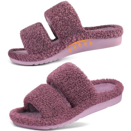 Litfun Women's Fuzzy House Slippers with Moderate Arch Support Open Toe Cozy Bedroom Shoes Indoor, Purple, EU39/US8