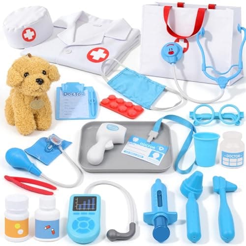 Doctor Kit for Toddlers 3-5 - Play Veterinarian Set Toys for 3 4 Year Old Boys Girls, Pretend Play Medical Kit with Dog, Bag, Costume, Stethoscope, Birthday Gifts for Kids