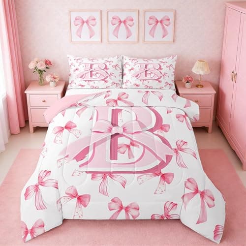 jejeloiu Kids Girls Cute Pink Bow Comforter Set Twin Size Personalized Initial B Bedding Set Ultra Soft Monogrammed Duvet Quilt Coquette Bow Knot Quilt Set Room Decor Modern Fashion Comforter
